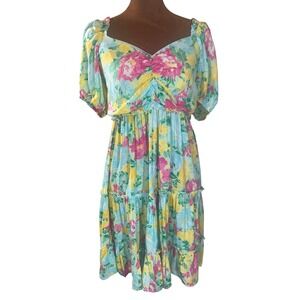 Umgee Floral Dress Women's Large Puff Sleeve Smocked Back Tiered NWT Pink Yellow